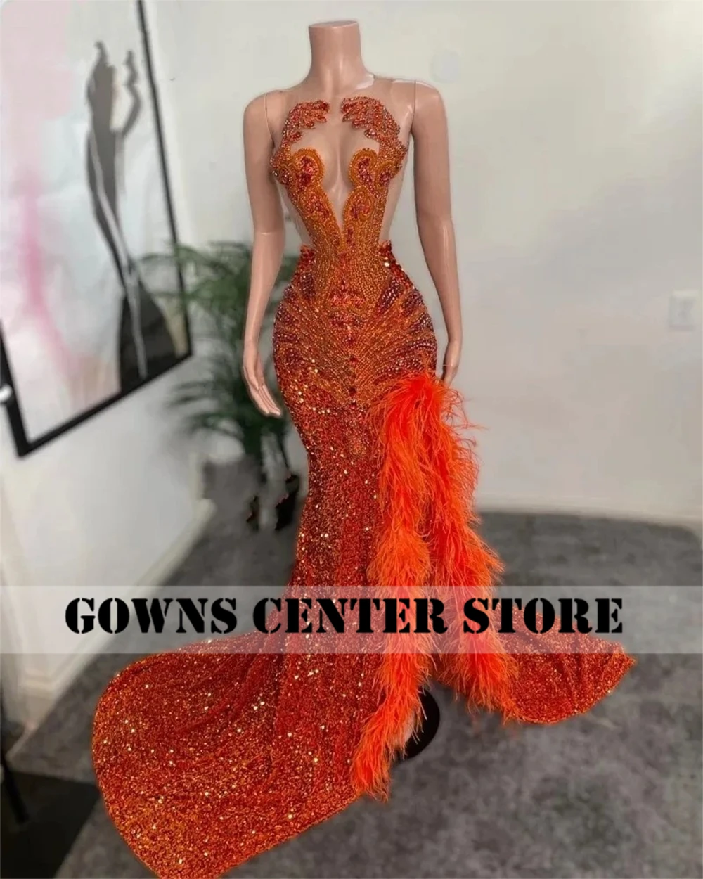 Sparkly Orange Feathers Split Prom Dresses Black Girls Beaded Rhinestones Sequin Mermaid 2025 Birthday Luxury Dress Customized