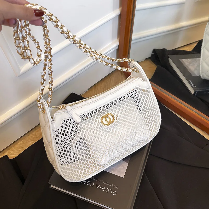 

2025 Новая сумка-хобо с ремешком-цепочкой - сетчатая ажурная сумка через плечо, женская сумка через плечо уникального дизайна, модный повседневный клатч