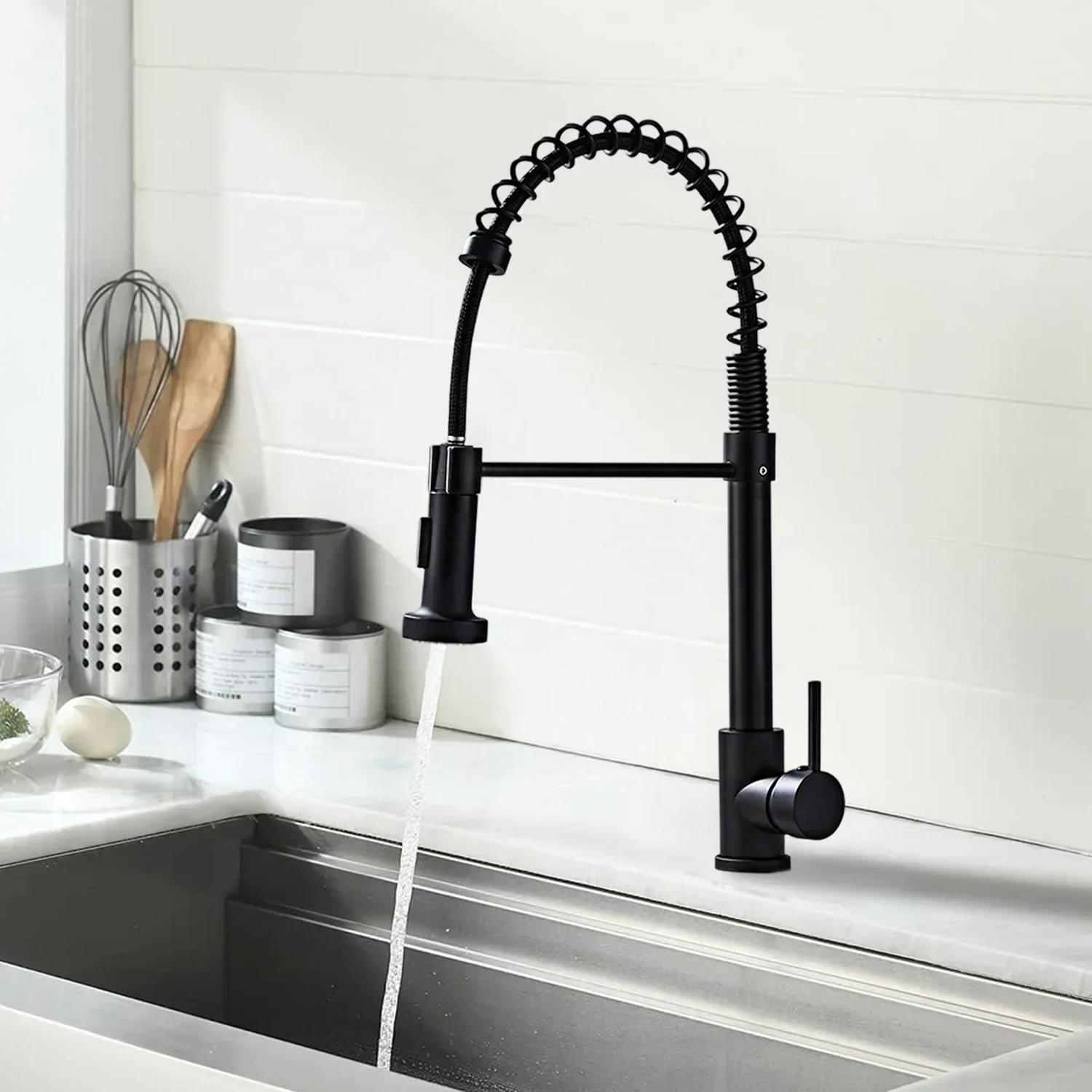 Küchenarmaturen Feder-Küchenarmatur mit Ausziehbarer Brause 360° ° Drehbarer Einhand-Wasserhahn für Heiß- und Kaltwasser aus Edelstahl mit Dual-Modus-Auslauf, Spritzschutz und Wassersparfunktion für Küche und Haushalt – Detail 7
