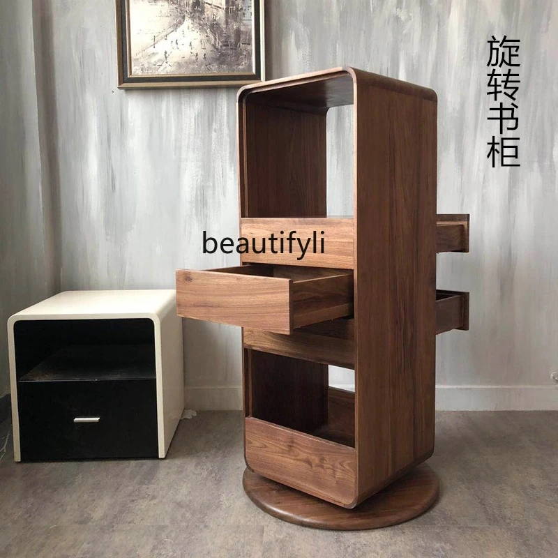 Simple Modern Solid Wood Intelligent Rotating Bookshelf Black Walnut Floor Shelf Study Display Rack