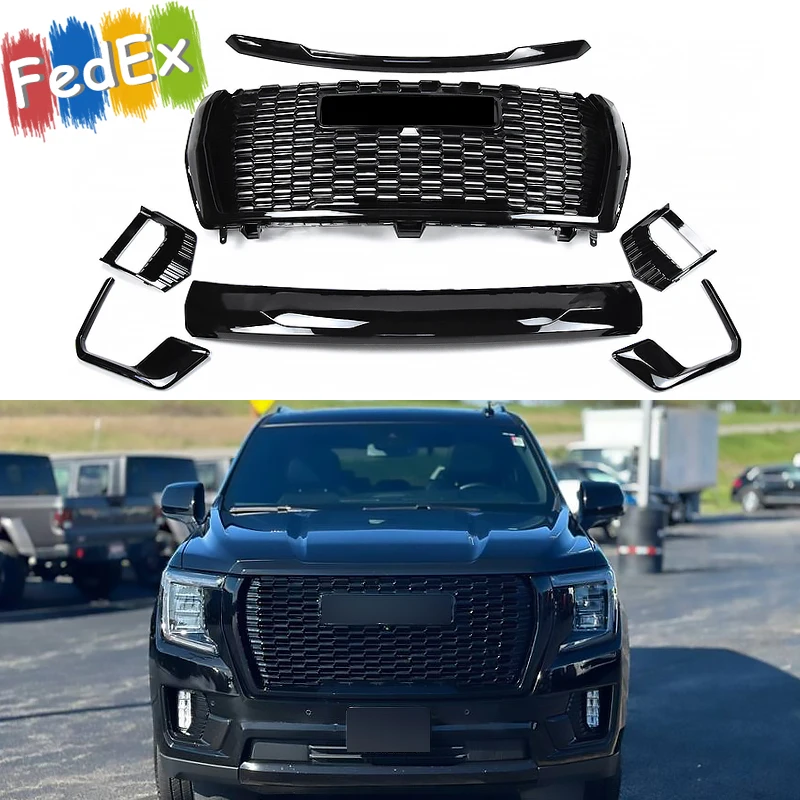 

Front Grills Assembly Compatible For GMC Yukon/XL Denali 2021 2022 2023 2024 Front Bumper Hood Grille Trim Glossy Black Magickit