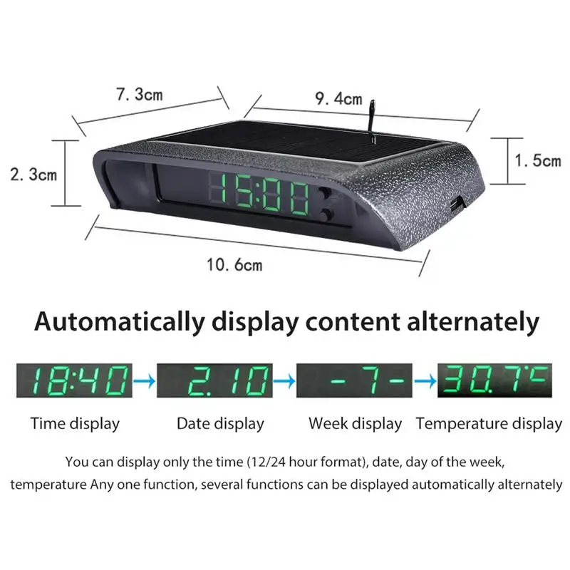 Solar Clock Luminous Car Digital Clock Temperature Display Auto Dashboard Clock Solar Powered Backlight Electronic Clock Watch