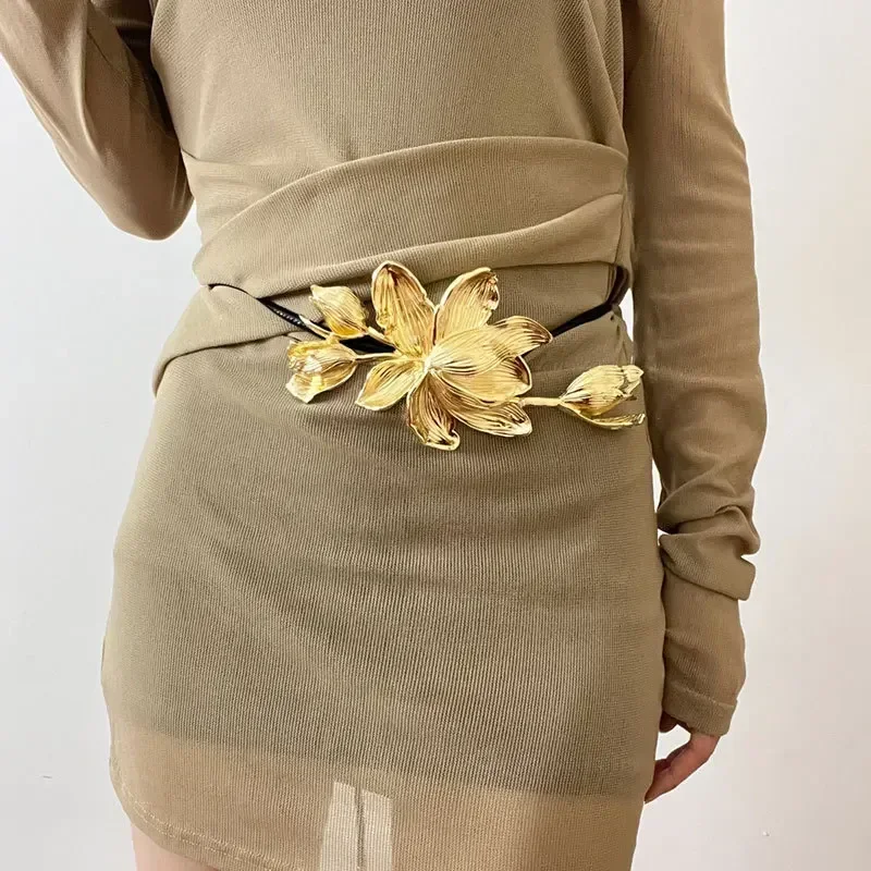 Women Luxury Fashion Design Metal Tulip Flower Waistband Chain Skirt Pants Dress Jeans Coat Shirt Clothes Decoration Black Belt