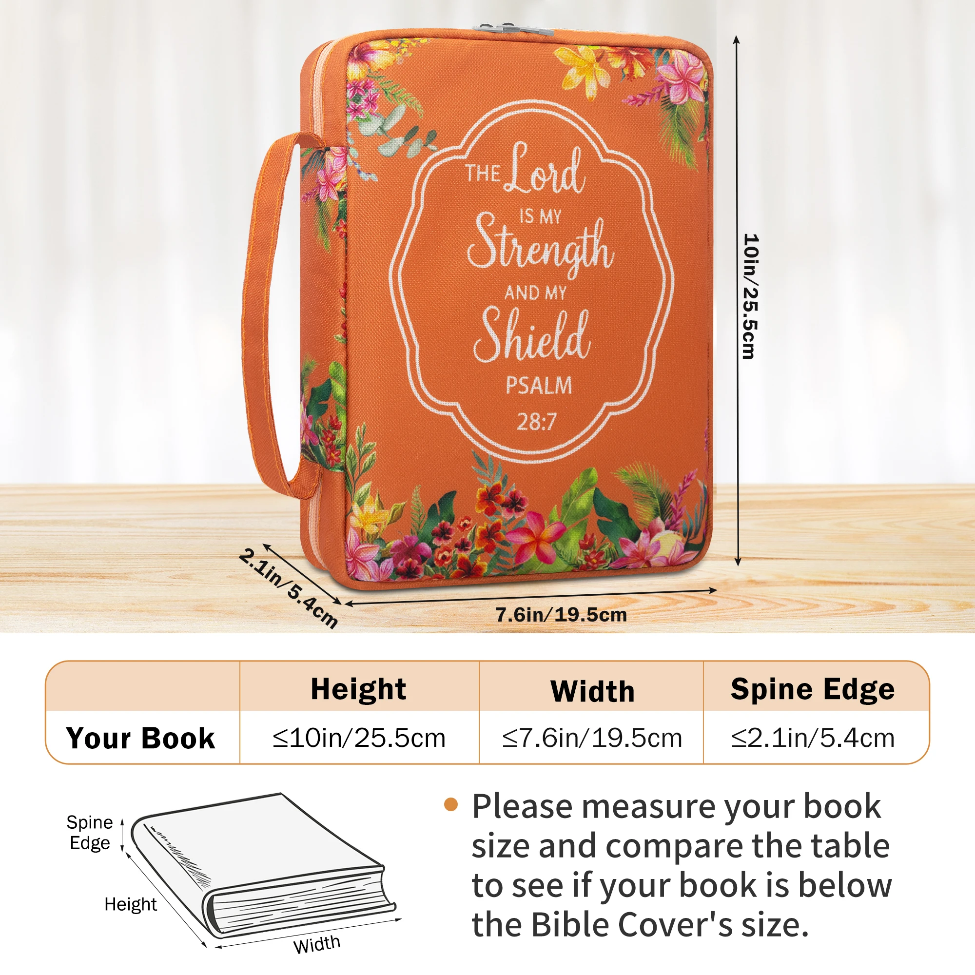 Bible Cover for Women, Orange Floral Scripture Case, Large Capacity Church Book Organizer, Christian Gift for Ladies