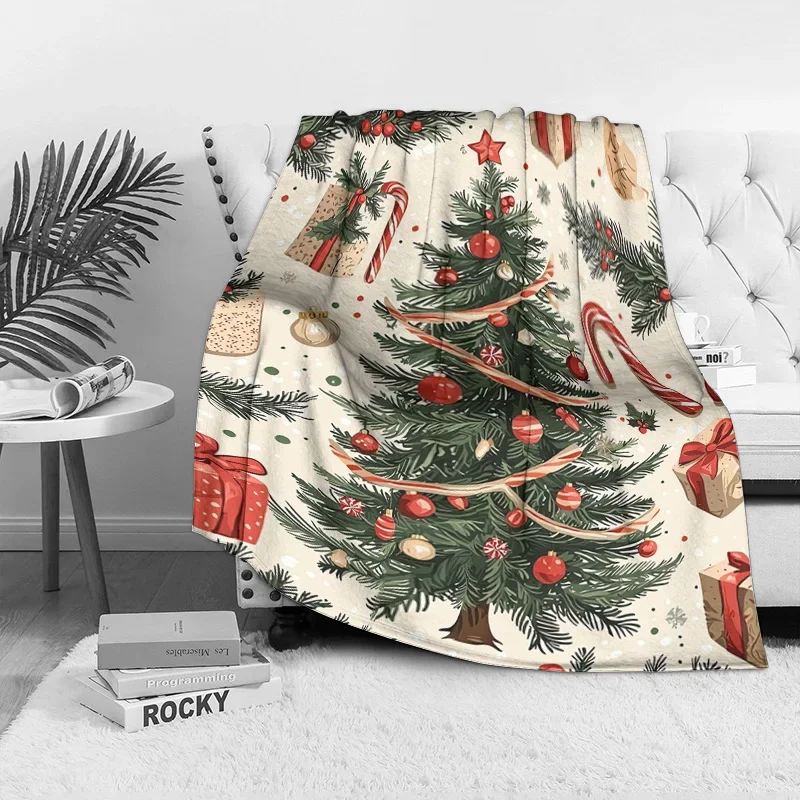 Classic Christmas Tree Fleece Blanket, Red Gold Decorations on Green Tree, Traditional Holiday Throw for Festive Decor