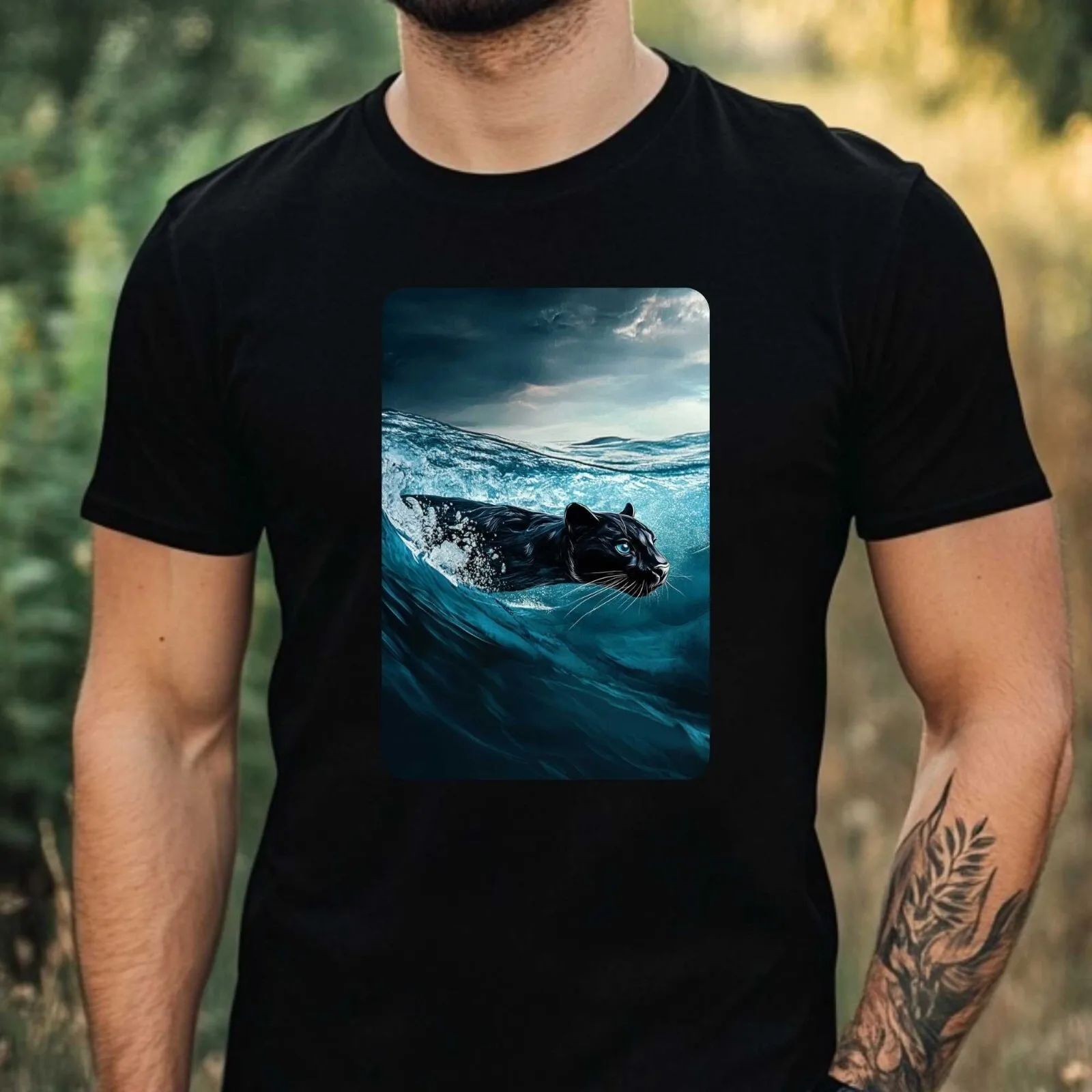 Herren-T-Shirt aus Baumwolle mit Panther-Motiv „Swim In Ocean“, Größe XS bis 5XL