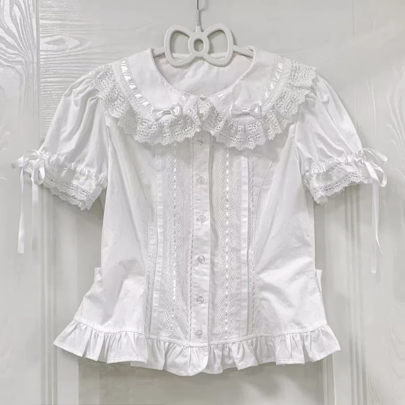 Japanese Kawaii Cute Lolita Style Shirt Women Sweet Lace Ruffles Peter Bow Pan Collar Blouses Girls Harajuku Y2k Chic Inside Top view 4