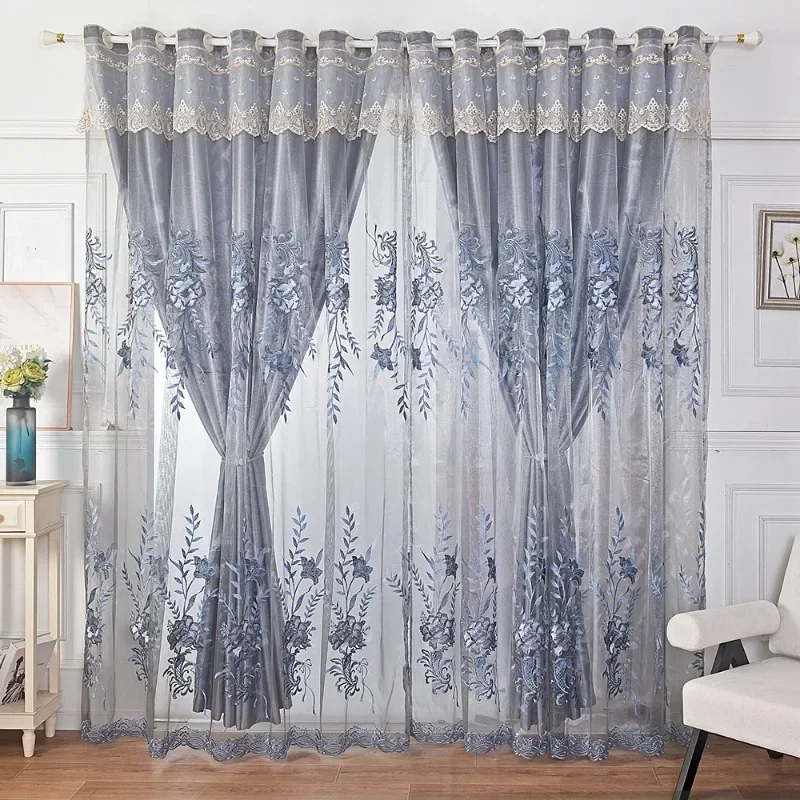 Double-layer Embroidered Nordic Curtains for Living Room Bedroom Balcony Simple Window Screen Integrated Floor-to-ceiling