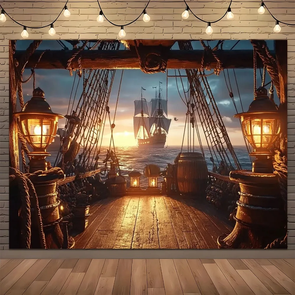Vibrant Golden Dusk Pirate Ship Sailing Tapestry Retro Style Adventure Wall Decor Aesthetic Backdrop for Outdoor Party