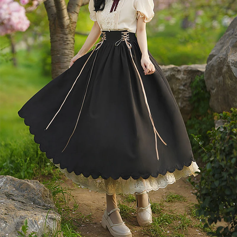 Lolita Style Long Pleated Skirt Women Summer Vintage High Waist Lace Up Skirts Lace Patchwork Maxi Skirt Jupe Femme