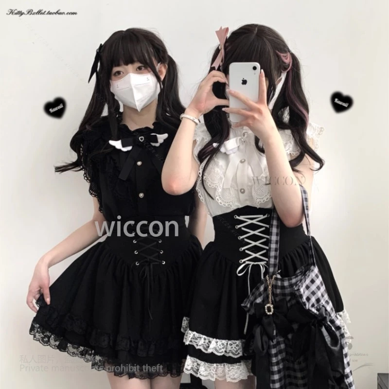 Japanese Style Y2K Jirai Kei Gothic Lolita Skirts A-Line Mini Skirts Dress Lace Ruffles High Waist Bandage Kawaii Halloween