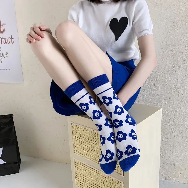 2023 Autunmn Women Sweet Korean Fashion Stitch Stockings Children Girls Blue Floral Print Japanese Kawaii Cute High Long Socks