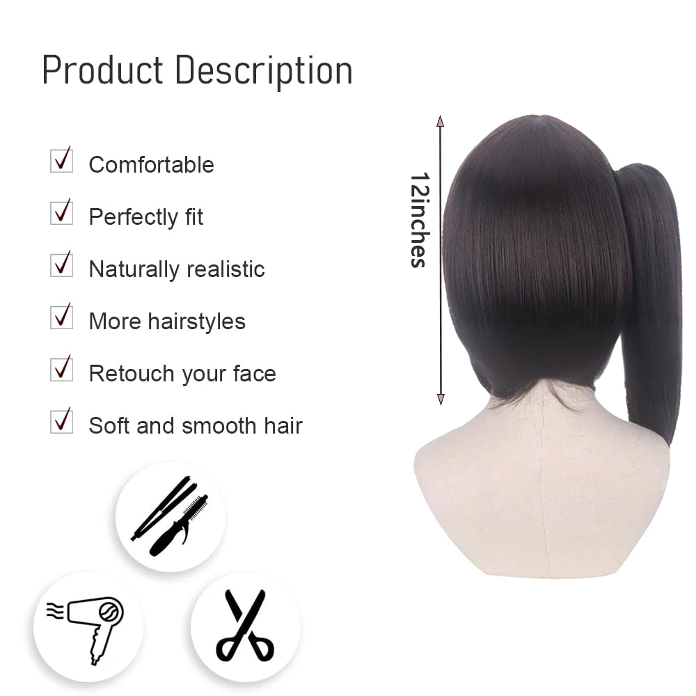 High-Quality Anime Kanao Tsuyuri‌ Cosplay Synthetic Hair 12-Inch Natural Black Detachable Ponytail Halloween Daily Party Wig