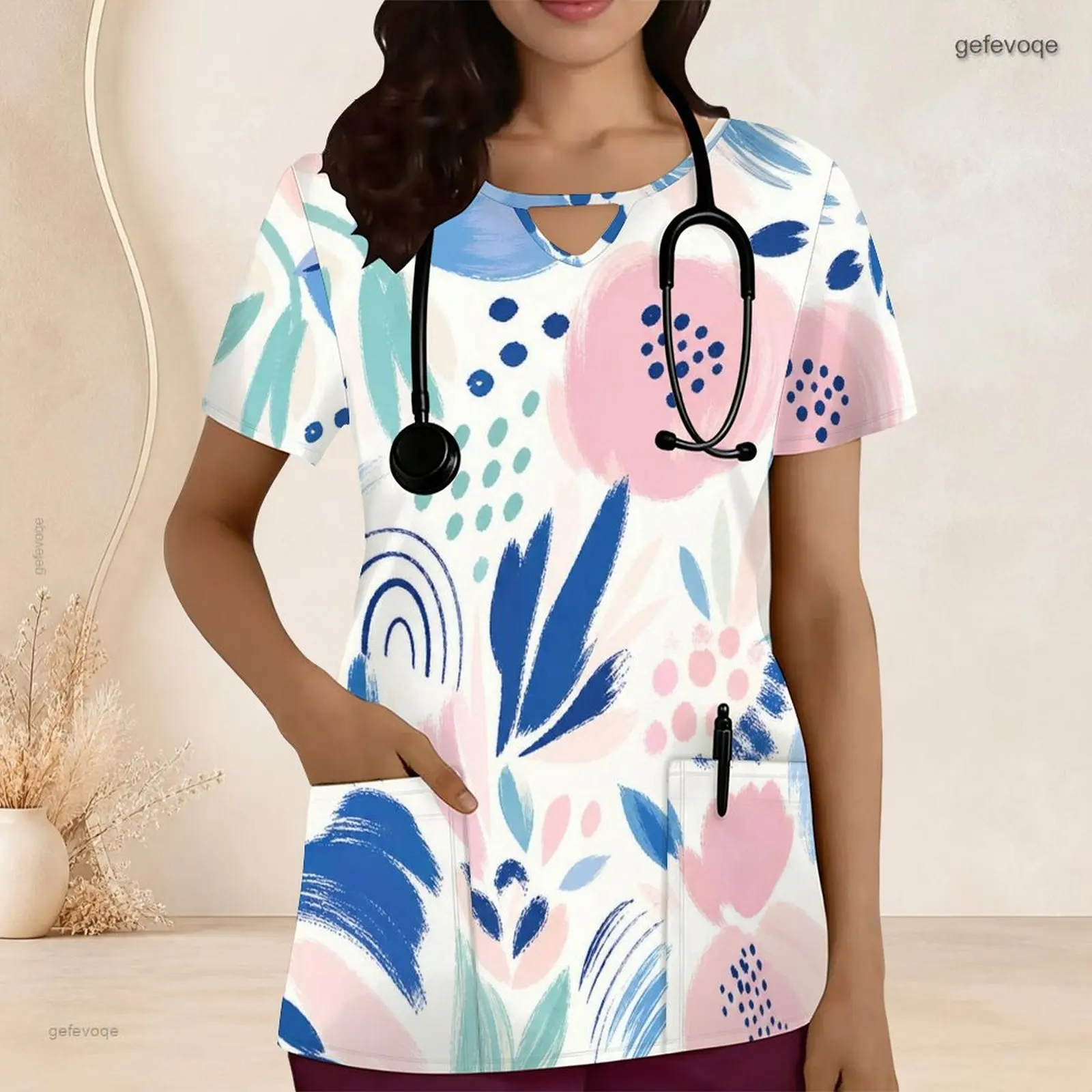 Keyhole Neck Short Sleeve Front Pockets Printed Scrub Top for Women