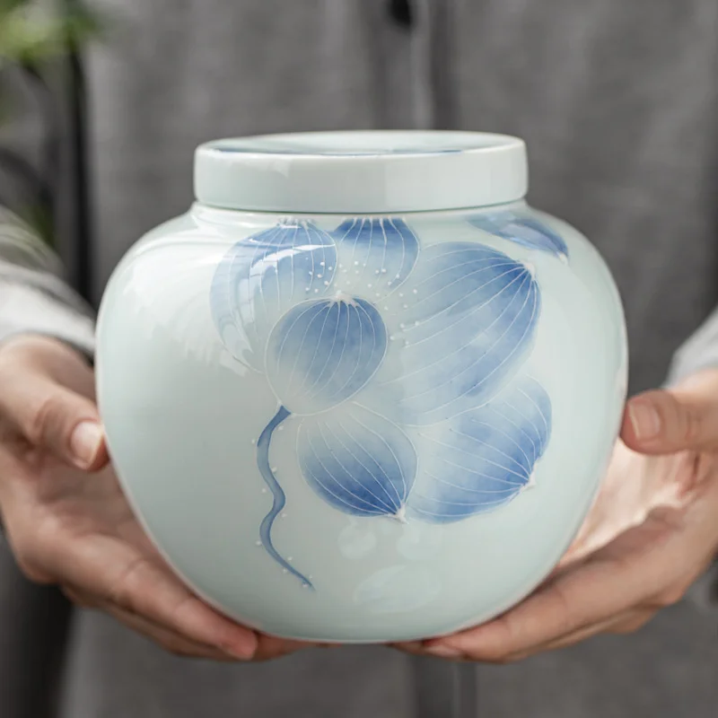 Ceramic Tea Pot Sealed Pot Shadow Green Hand-painted Engrave Lotus Household Storage Pot Kung Fu Teaset Moisture-proof Large Pot
