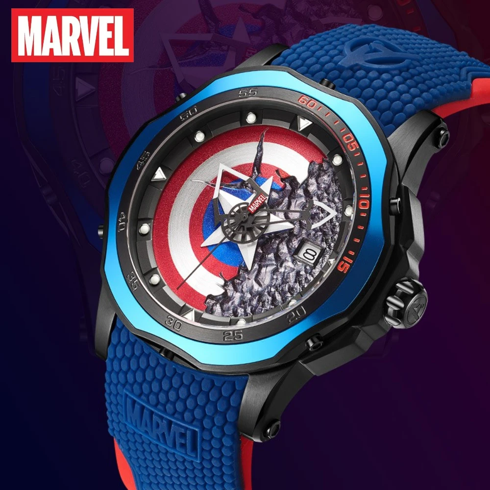 Imagem -05 - Vingadores Capitão América Escudo Disney Marvel Relógio 100m Masculino à Prova d Água Relógio de Quartzo Azul Cinto de Silicone Relógio Masculino os