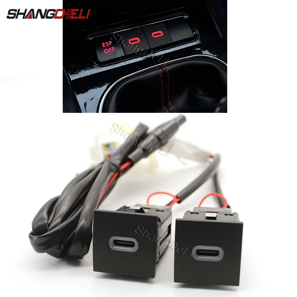NEW Red LED Dual Type-C PD Car Charger Adapter Fast Charging Socket Retrofit For VW Golf 6 MK6 Jetta 5 Scirocco 2006 - 2012