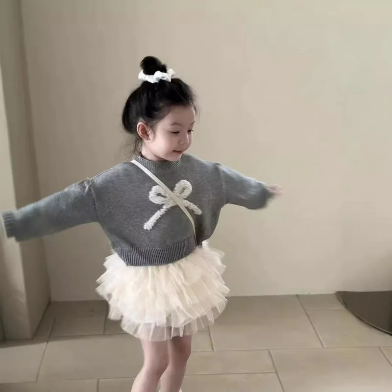 Sweaters Girl Autumn Korean Bow Sweater Children Clothing Embroidery Short Easy Knitting 2025 Loose Simple Round Collar