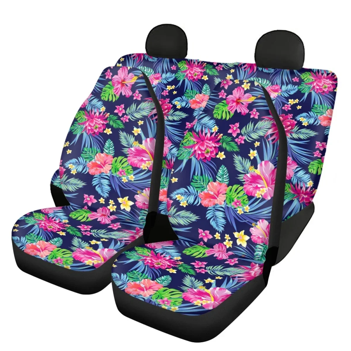 Full 4pcs Front&Rear Car Seat Cover Blossom Tropical Flower Pattern Print Nonslip Soft Car Interior Decor Seat Protector Covers