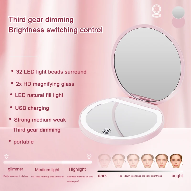 Portable Foldable Travel Mirror With LED Light, Compact Cosmetic Mirror, 10x Magnifying Mirror, 2 Sides, Beauty, Round Mirror