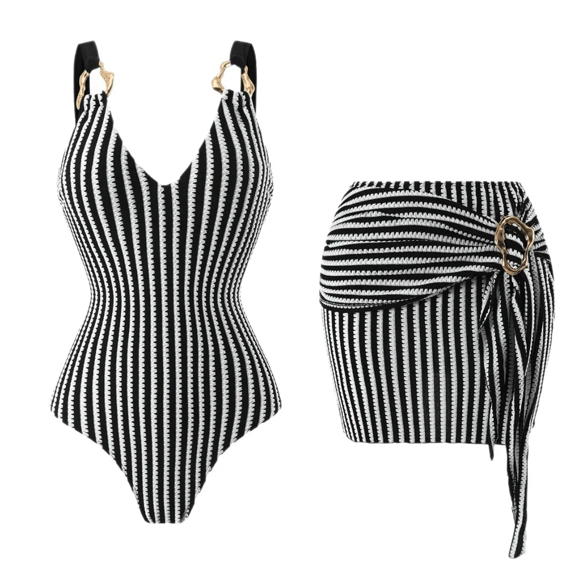 Women Two Piece Striped One Piece Swimsuit Set Metal Buckle V Neck Swimwear with Wrap Cover Up Skirt for Beach Pool Summer