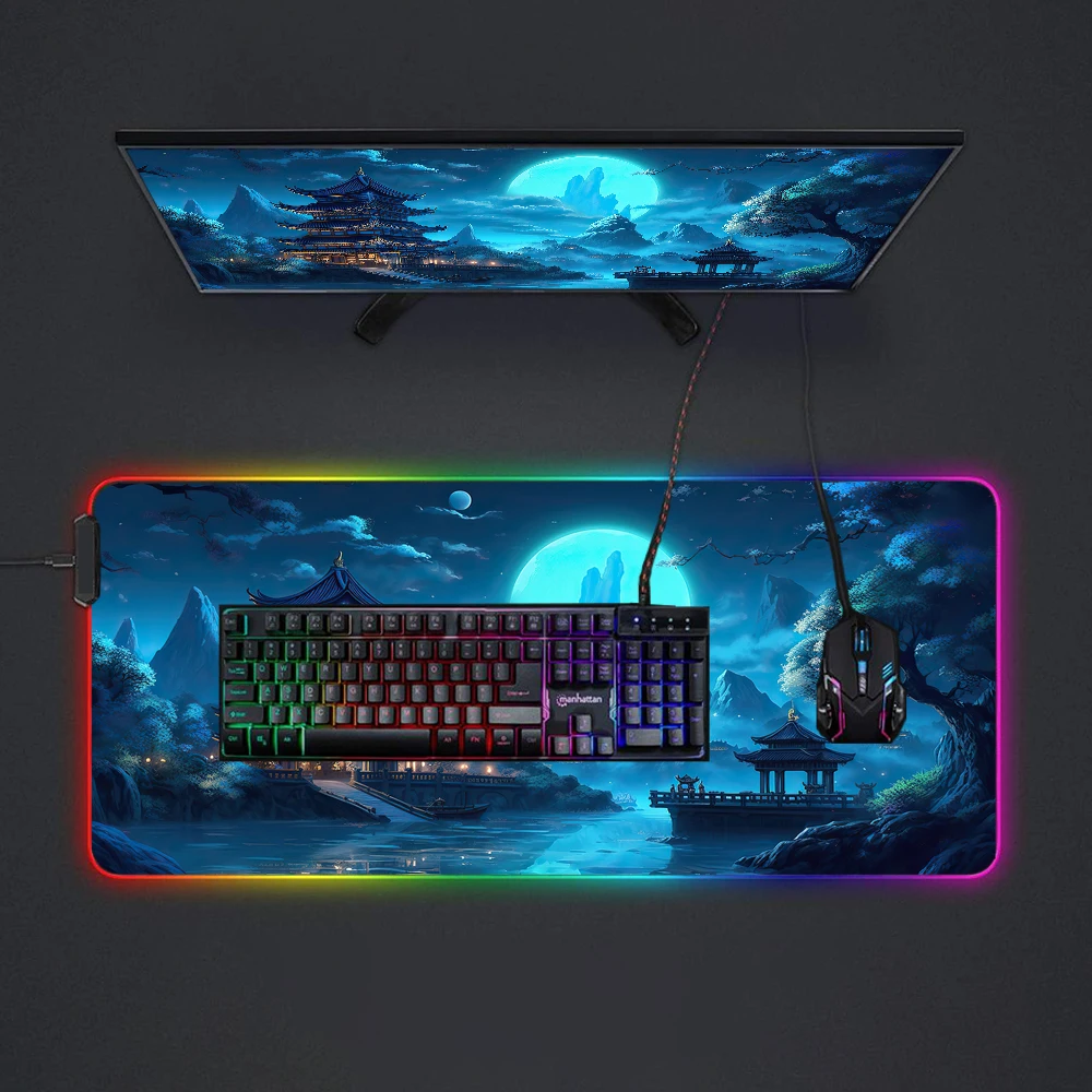 Imagem -06 - Azul Mousepad com Led Backlit Mouse Pad Rgb Desk Mat Fantasia Paisagem Gaming Setup Acessórios Sala Gamer 90x40 120x60