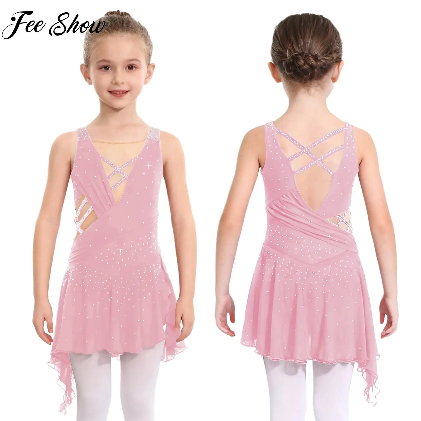 

Girls Rhythmic Gymnastics Ballet Dance Leotard Lyrical Modern Dance Figure Skating Costume Sleeveless Rhinestones Mesh Dresses