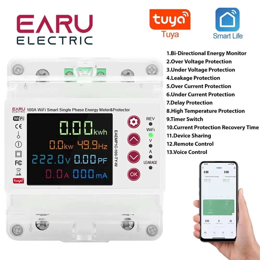 tuya wifi smart volimetro bi direcional amperimetro medidor de energia protecao contra vazamento rele temporizador 2p 100a 01