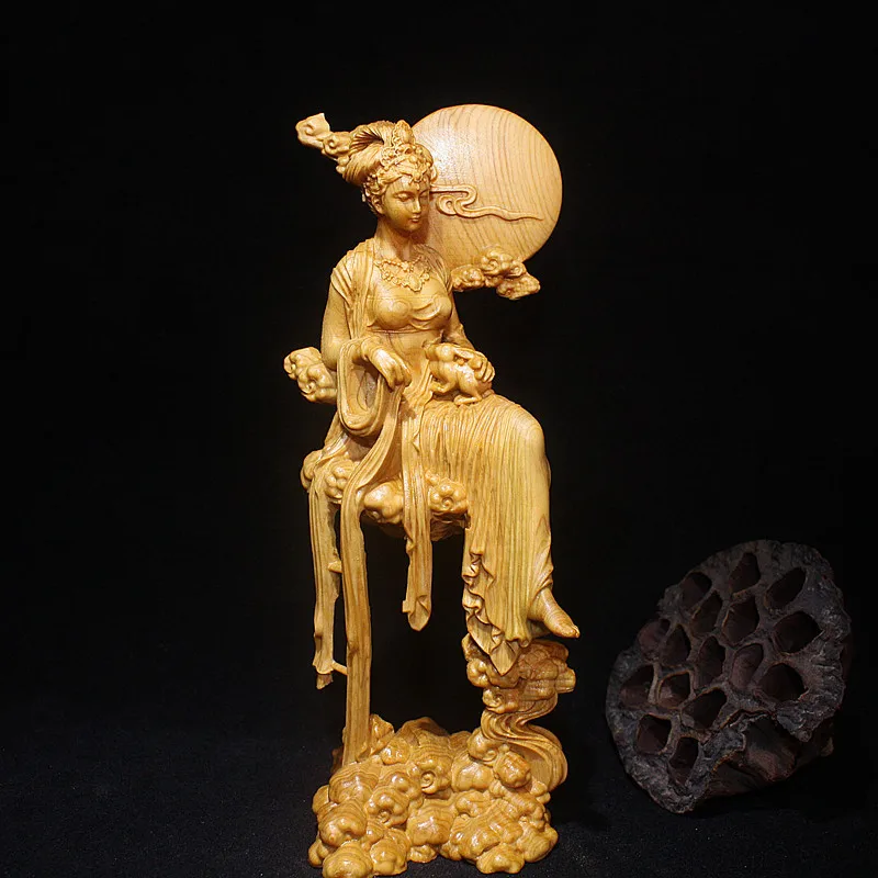 Solid Wood Chang'e Fairy Statue Hand-carved  Home Decoration Crafts Upscale Fine Carving 16cm Goddess Sculpture