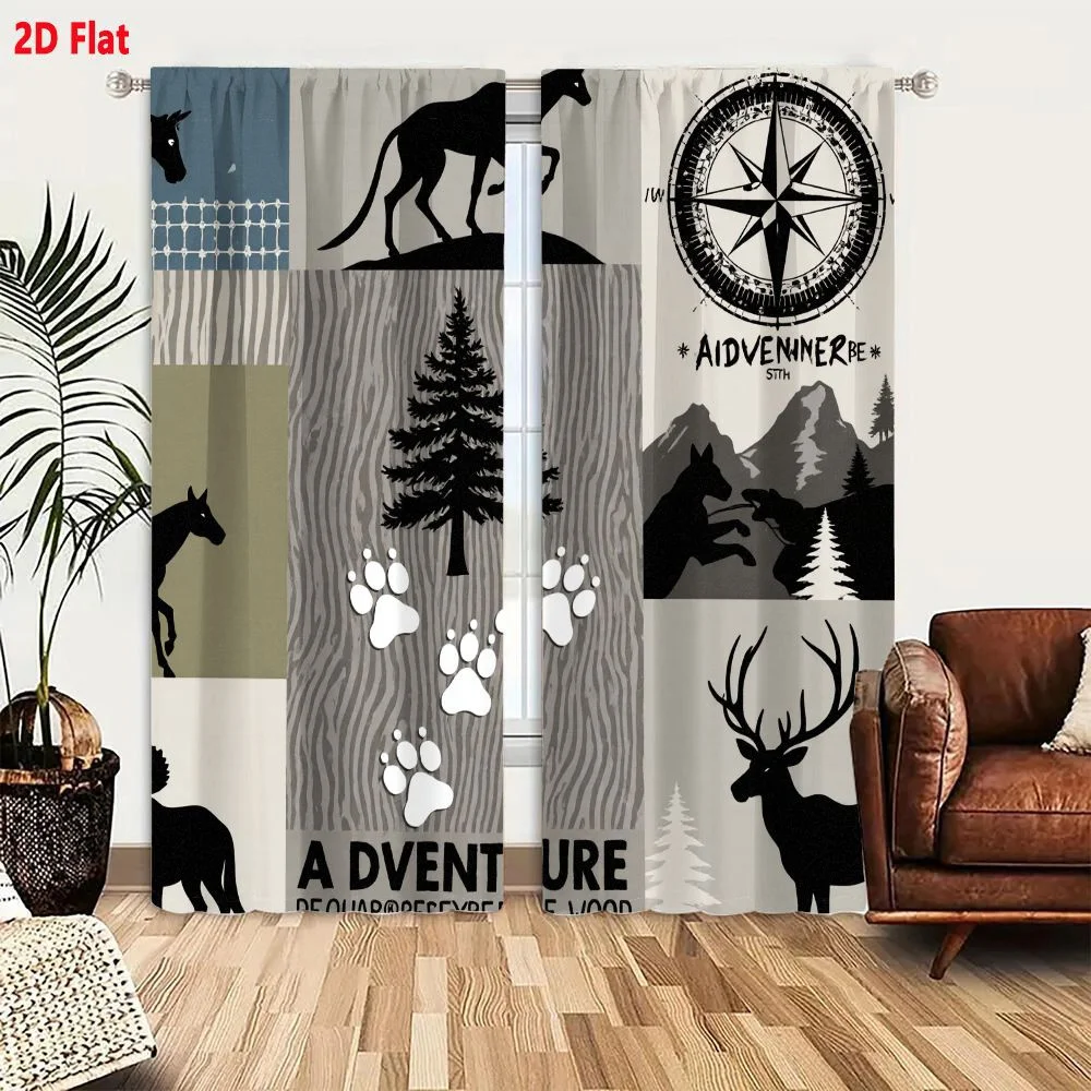 2Pcs Curtains 2D Flat Nature Adventure Collage: Horse Silhouettes, Compass, Pine Trees, Animal Paw Prints, Wooden Texture, Mount