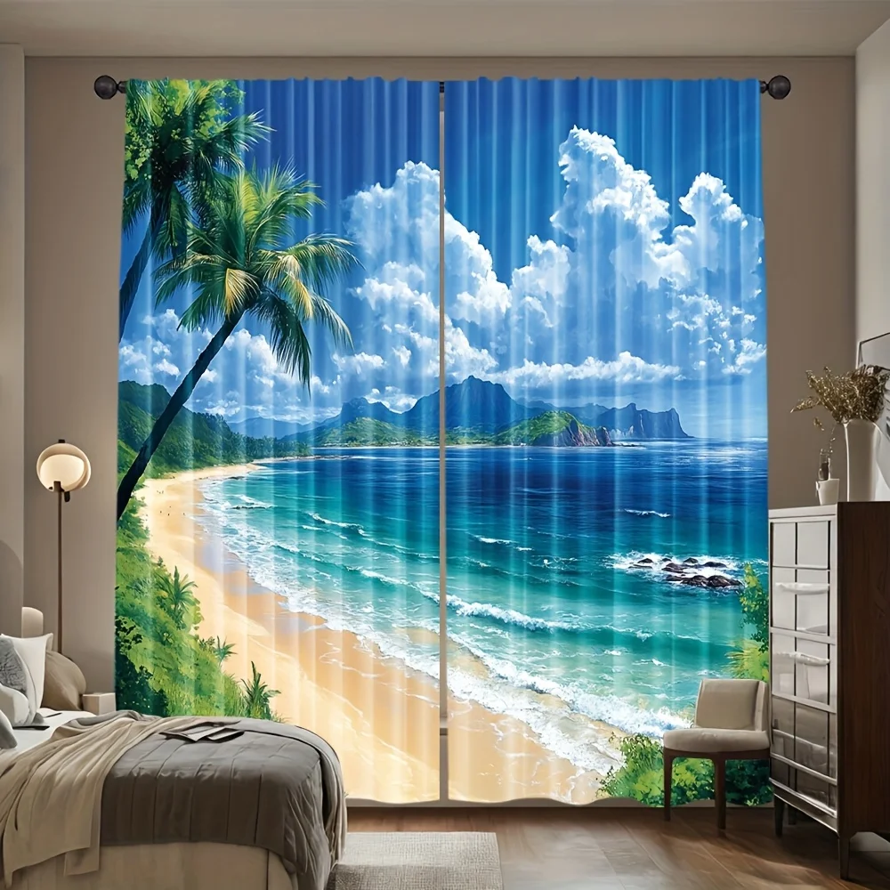 2pcs Tropical Island Beach Curtains Blackout Drapes for Bedroom Coastal Decor Palm Tree Ocean Print Window Treatment Panels