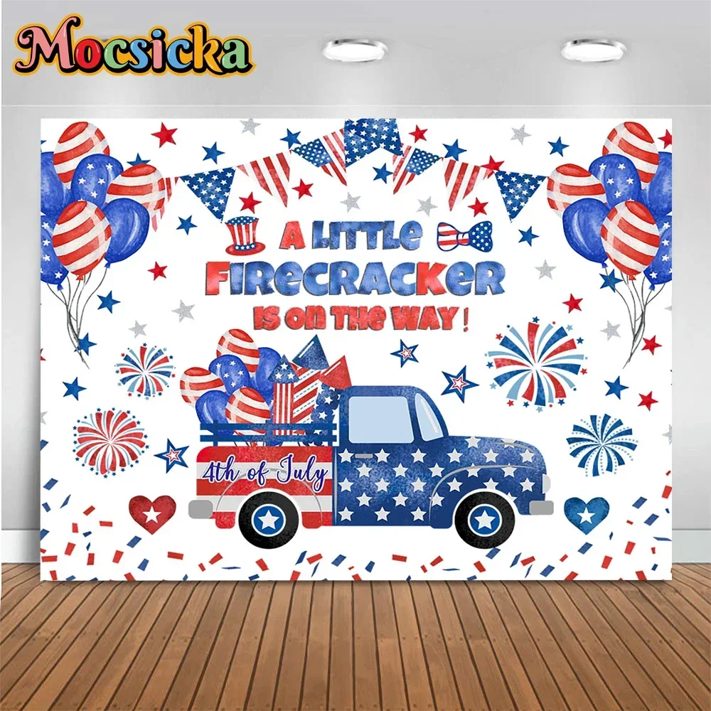 

A Little Firecracker Is on the Way Baby Boy Birthday Background 4th of July Independence Day Firework Balloon Truck Backdrop Kit