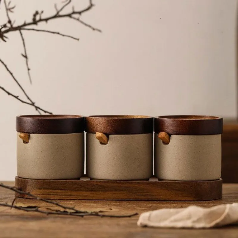 

Ceramic Airtight Jar Tea Storage Tank Home Food Storage Containers Wooden Lid Seasoning Jar Kitchen Canister Sets Sugar Bowl