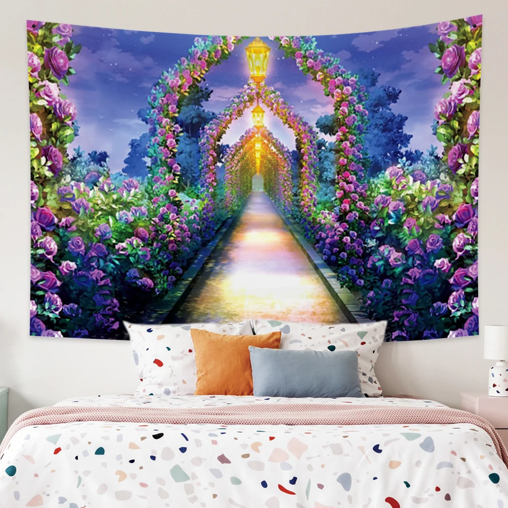 Dreamy Garden Flower Arch Passage Tapestry Wall Hanging Carpet For Bedroom Living Room Dorm Tapestries Art Home Decoration