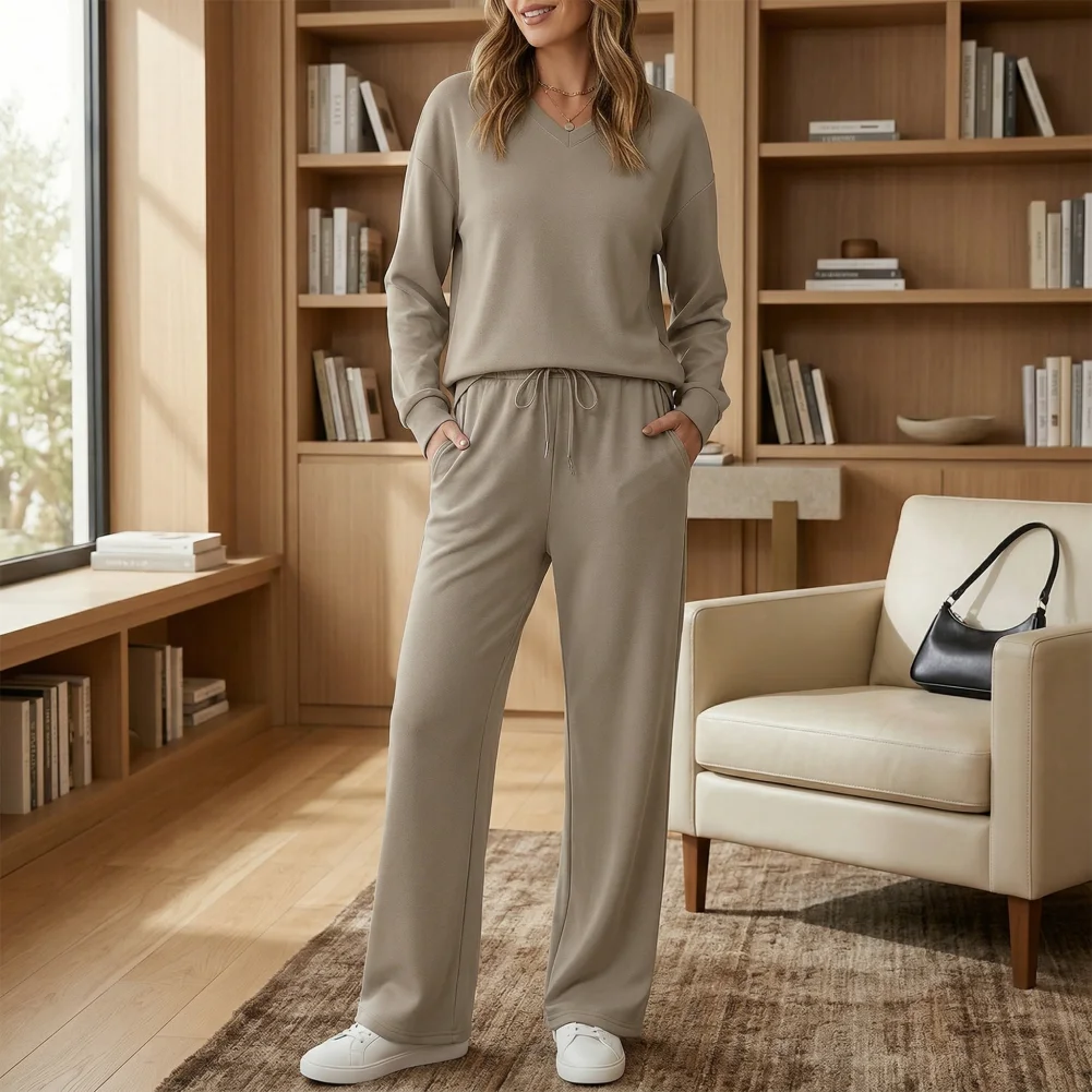 

Women Outfit Women’s Two Piece Outfit Set Fall Lounge Sweatsuit with Long Sleeve V-neck Top Wide Leg Pants Matching Ensemble