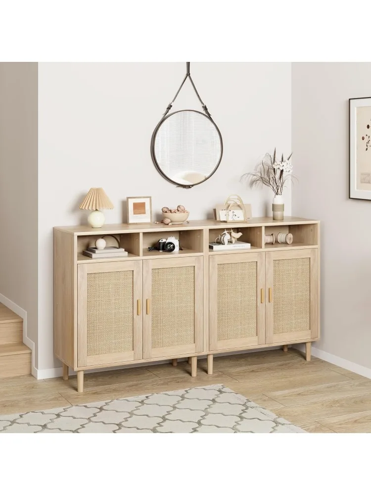 Rattan Buffet Cabinet with 4 Doors and Shelf - Multifunctional Storage Sideboard for Dining, Kitchen, Living Room, and En