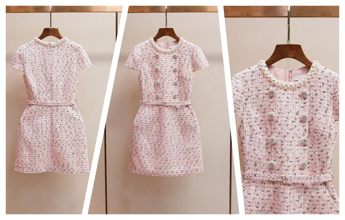 

Spring Summer New Fashion Pink Tweed Handmade Beaded O Neck Dress Women Elegant Short Sleeve Slim Robe with Sashes