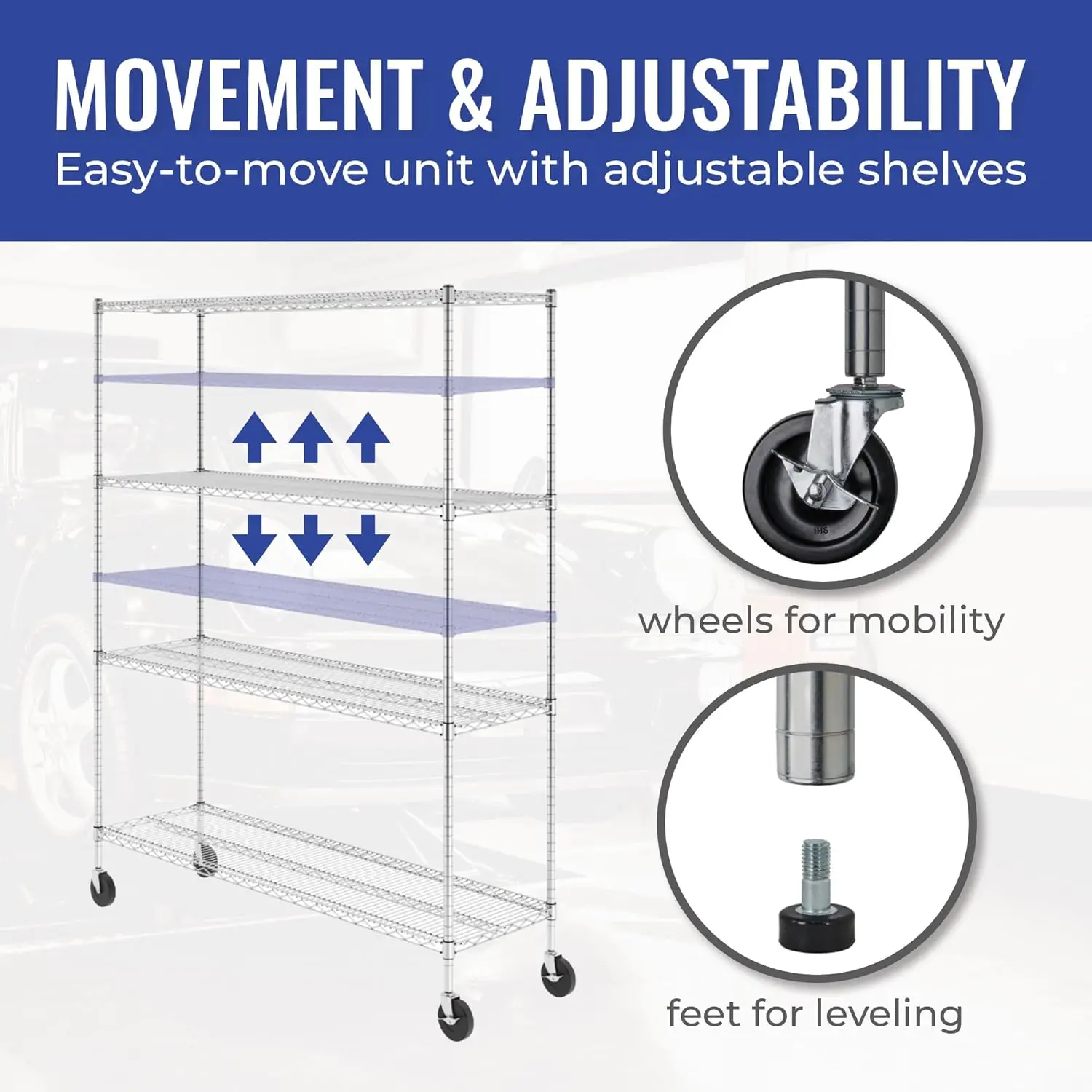 SafeRacks NSF Certified Storage Shelves, Heavy Duty Steel Wire Shelving Unit with Wheels and Adjustable Feet