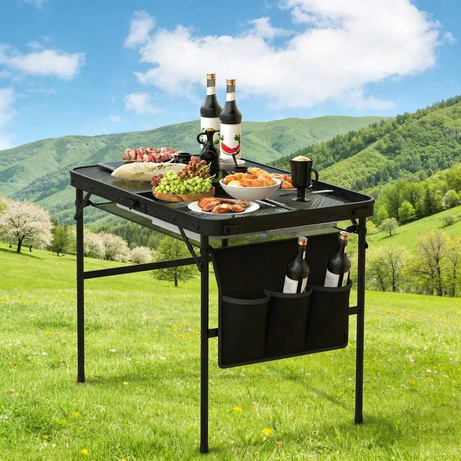 Foldable Alloy Camping Table Height Adjustable Collapsible Picnic Grill Stand 88LBS Max Load BBQ Table 35.62x23.42x25.9in (Table