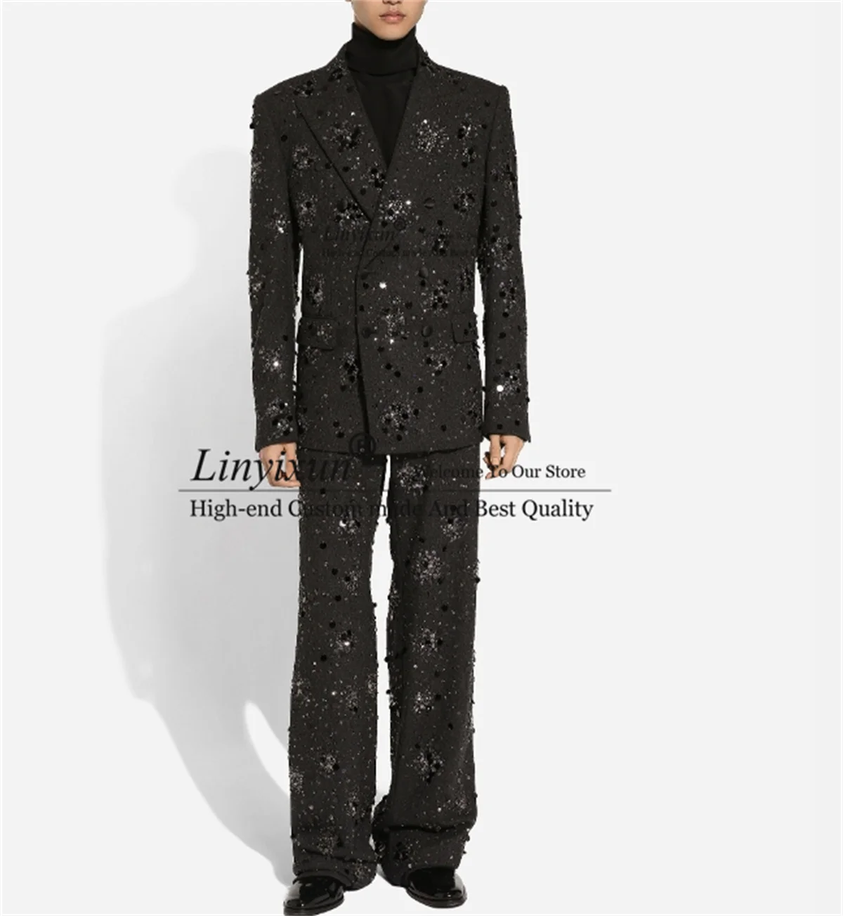 Glitter Sequins Beaded Mens Suits Double Breasted Wedding Groom Tuxedo Formal 2 Pieces Sets Male Blazer Customized Costume Homme