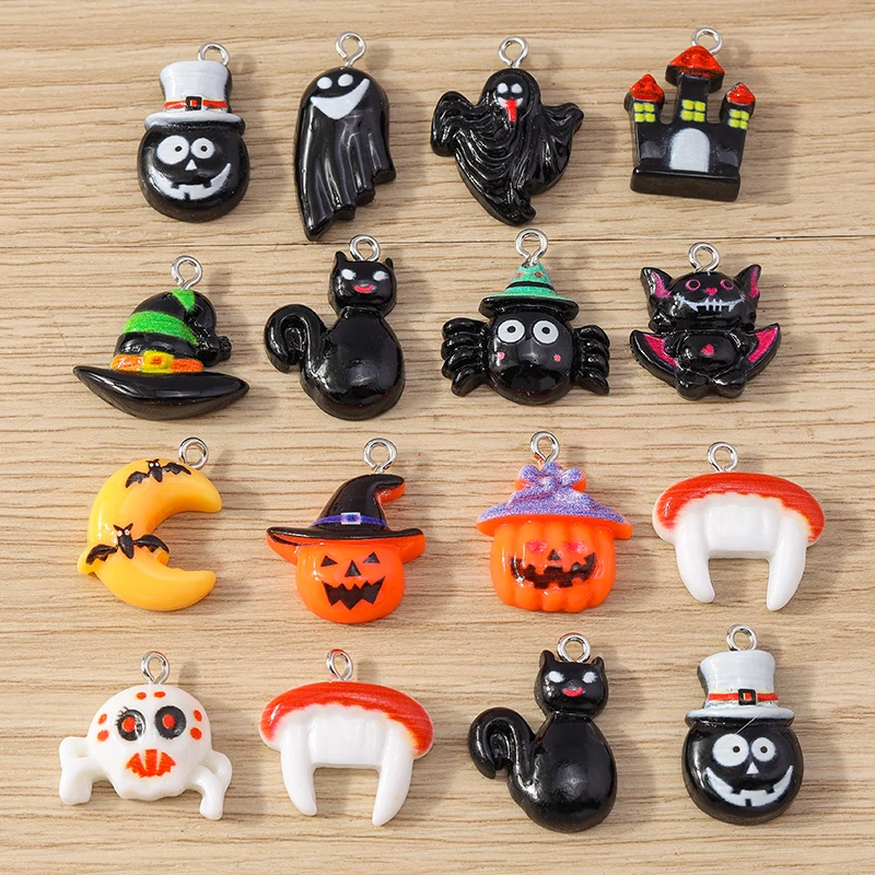 Tusember 10 Stück Halloween Charms Harz Hexenhut Mond Spinne Fledermaus Katze Kürbis Geist für Ohrringe Halloween Schmuckherstellung DIY – Detail 3