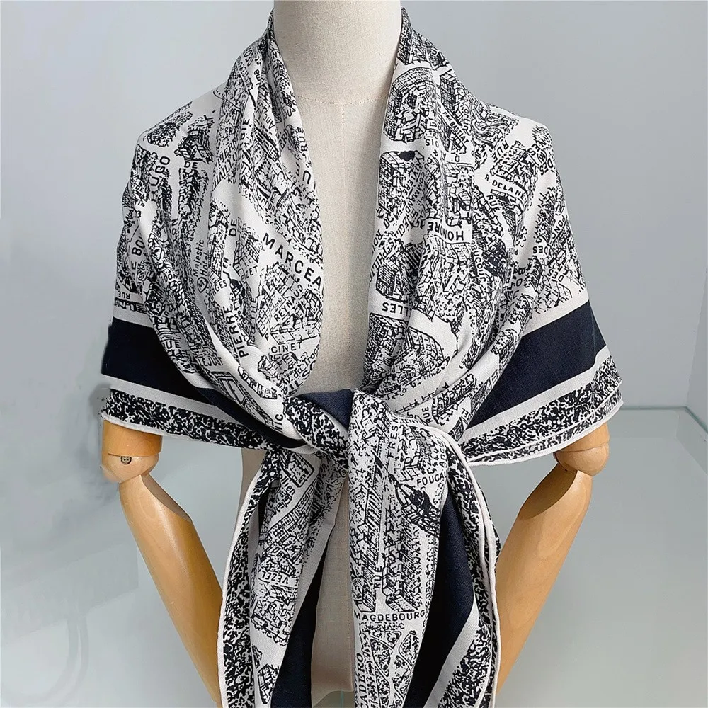 135CM Winter Thicken Silk Cashmere Scarf Women Hand Rolled Shawls Paris City Print Square Scarves Wraps Bandana Big Hijab Female