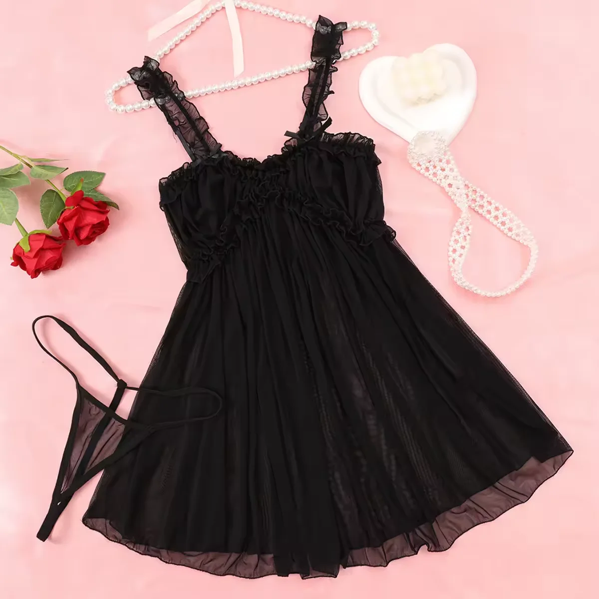 Sexy Seductive Black Sling Nightdress Sleeveless Exotic Costumes Nightwear Pajamas Porno Lingerie Open Bra Crotchless G-string