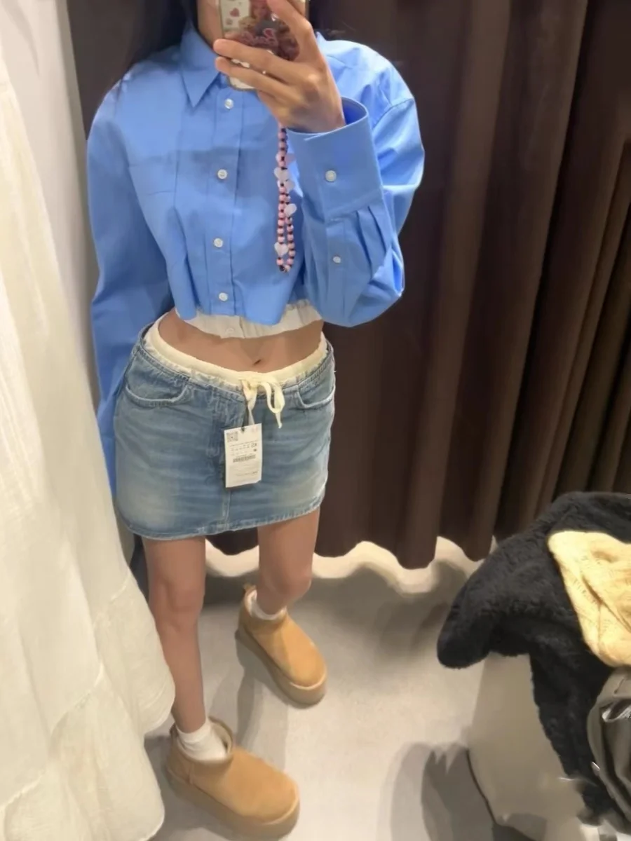 Taille haute élastique Plaid ceinturé ort Denim jupe printemps été nouveauté femmes Faion a-ligne coton couleur