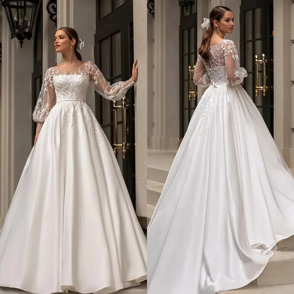 

Classic Wedding Dresses 2024 Women Scoop Neck Full Sleeves Bride Satin With Lace Applique Sweep Train A Line Bridal Gowns Custom