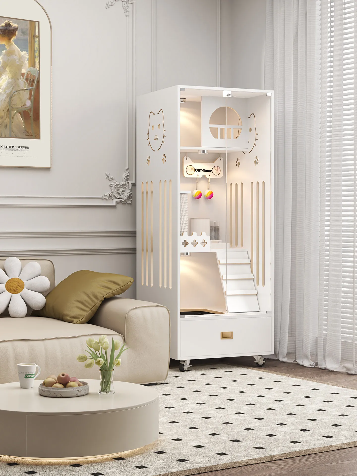 Cat villa with toilet integrated cat litter box does not occupy a small apartment cat house home interior