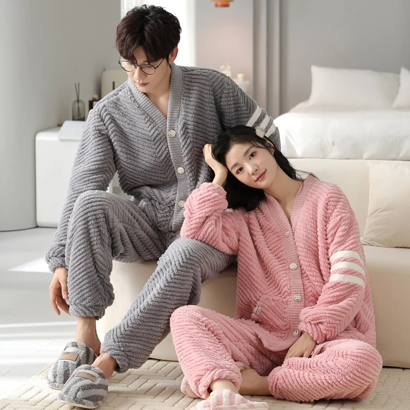 Winter Coral Fleece Fashion Pajamas sets For Women Man Flannel Warm Couple Sleepwear Sleep Tops Trousers pijama hombre mujer new