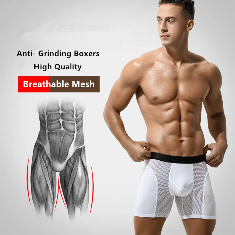 

Сетчатые боксеры, мужское нижнее белье, быстросохнущие спортивные трусы с защитой от шлифовки, 6XL, 5XL, 4XL, удлиненные трусы, черные, синие трусы больших размеров