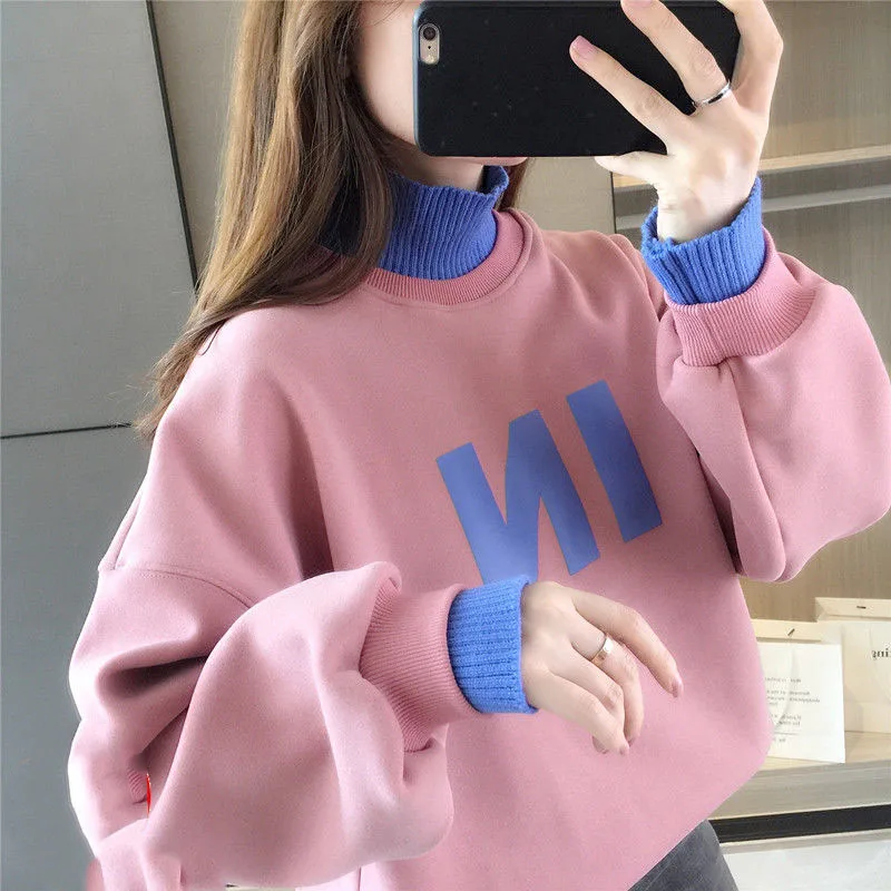 New Winter Fashion Process Plush Thickened Half High Neck Loose Versatile Splice Fake Two Piece Casual Lazy Women\'s Sweater