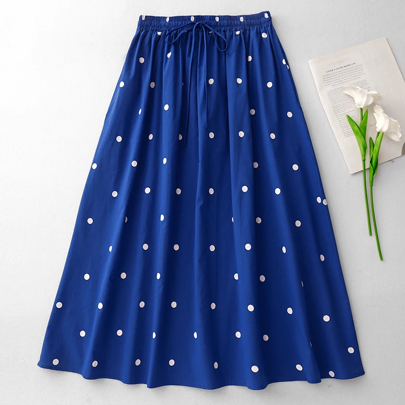 الأزرق البولكا نقطة القطن الخالص ألف خط ميدي تنورة المرأة الربيع الصيف جديد الخصر Cinching طباعة f طول مظلة تنورة